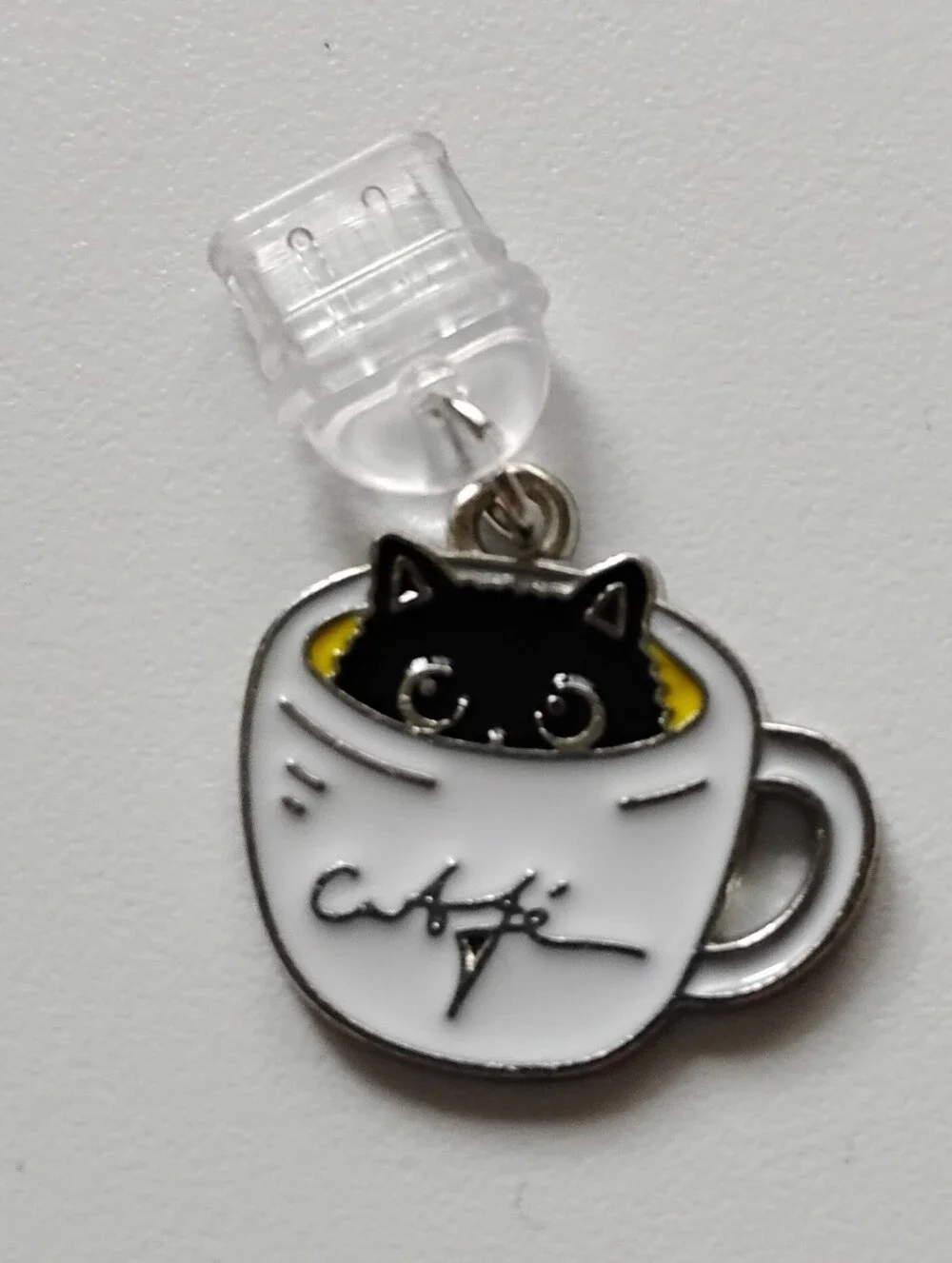 Black Cat in White Coffee Cup Pet Charm Dust Plug USB c